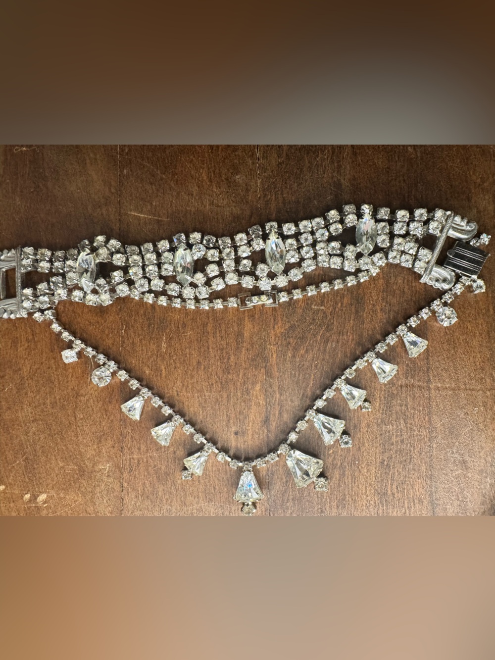 Vtg 1950s Rhinestone Evening Set - Multi-Row Bracelet & Fringe Necklace